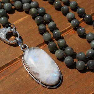 Labradorite Necklace with Sterling Moonstone Pendant & Pave Clasp
